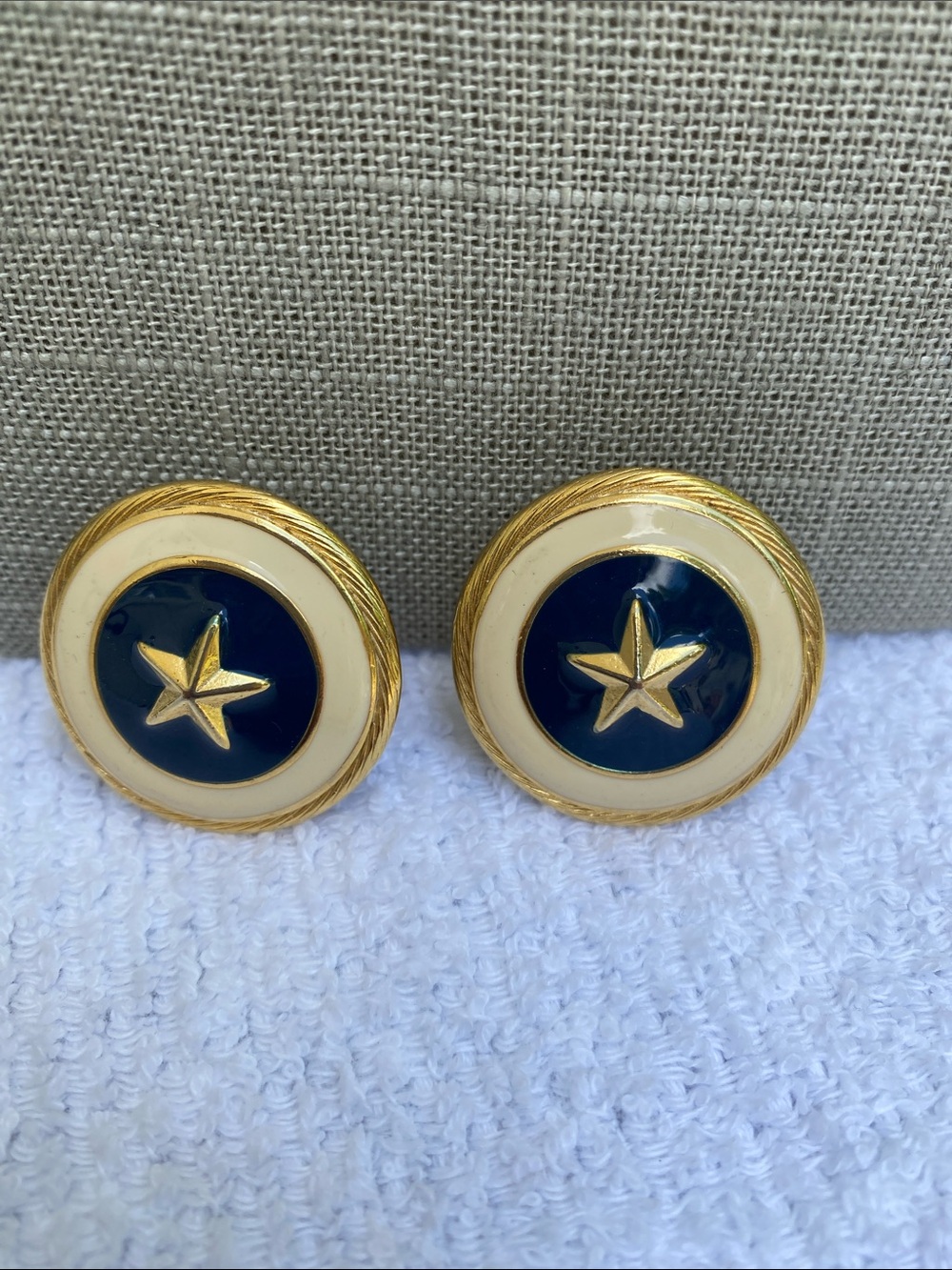 Vintage Gold Star Round Navy & Cream Enamel Pierced Earrings